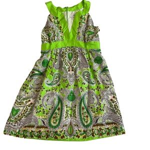 tibi New York Lime Green Color Paisley V-Neck Sleeveless A-Line Dress Size 6